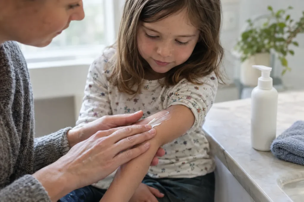 Parent smoothing moisturizing lotion onto a child's forearm at home