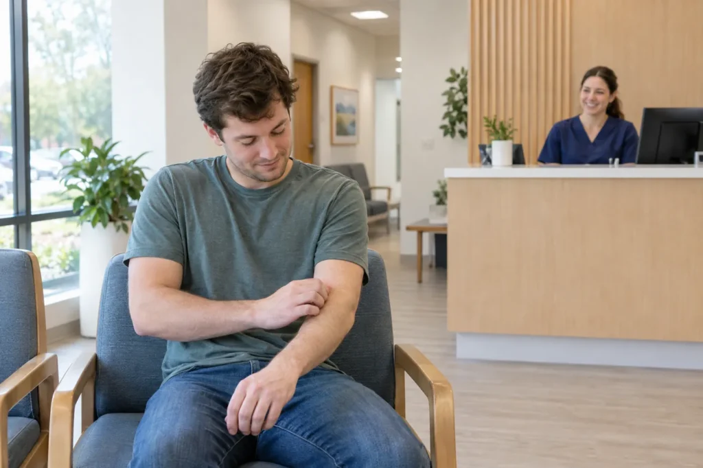 Young man rubbing his itchy forearm in the bright waiting area of an urgent care clinic