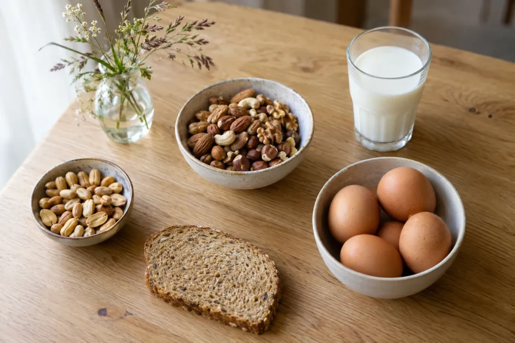 Common allergy triggers on a kitchen table: peanuts, tree nuts, eggs, milk, wheat bread and grass