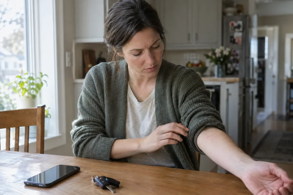 Woman at her kitchen table looking at a mild rash on her forearm and deciding about care