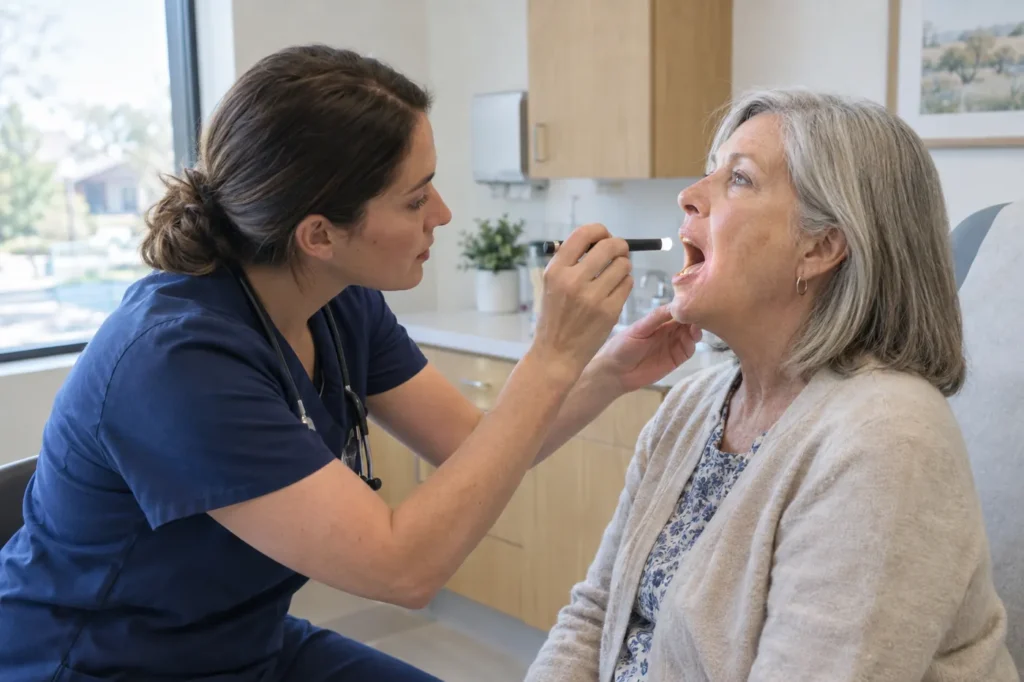 Clinician in navy scrubs checking an older woman's mouth and throat with a penlight in an exam room