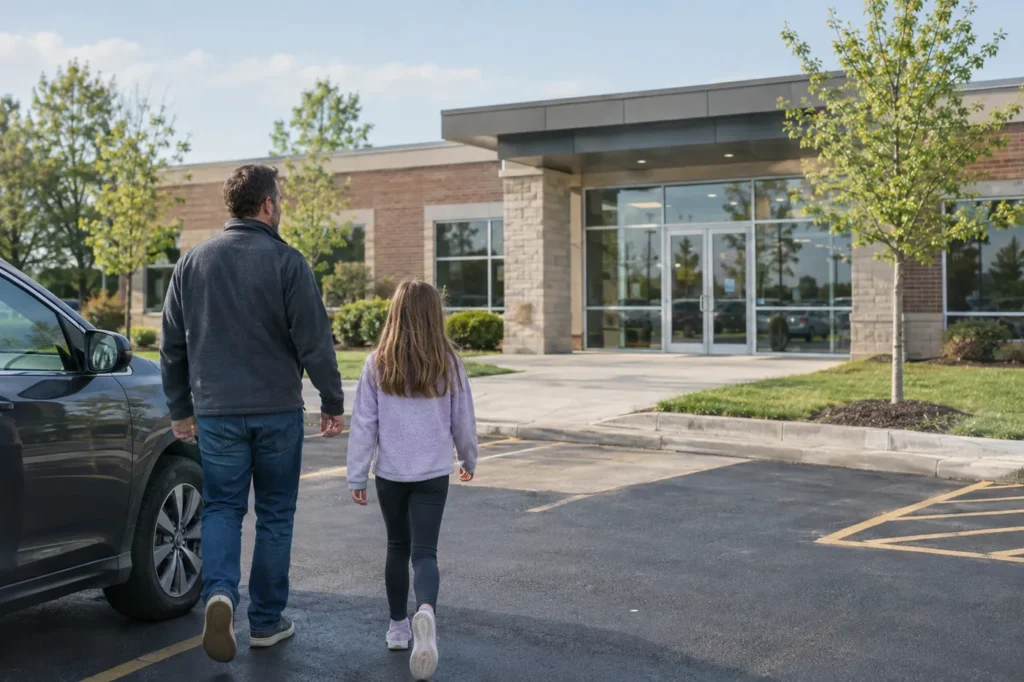 Father and daughter walking from the parking lot to a small suburban urgent care on a weekend morning