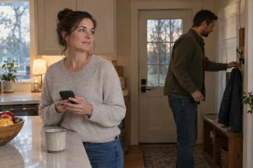Couple getting ready to leave home for an urgent care visit, one holding a phone and one car keys