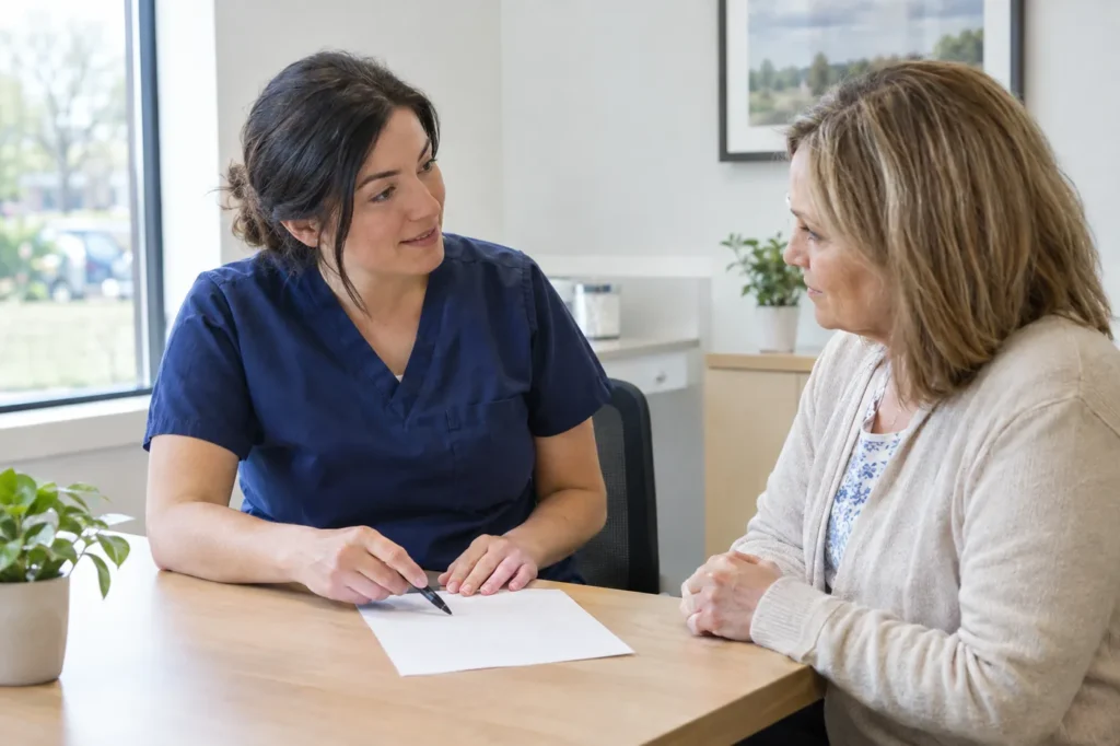 Staff member in navy scrubs explaining visit costs to a patient across a light wood desk