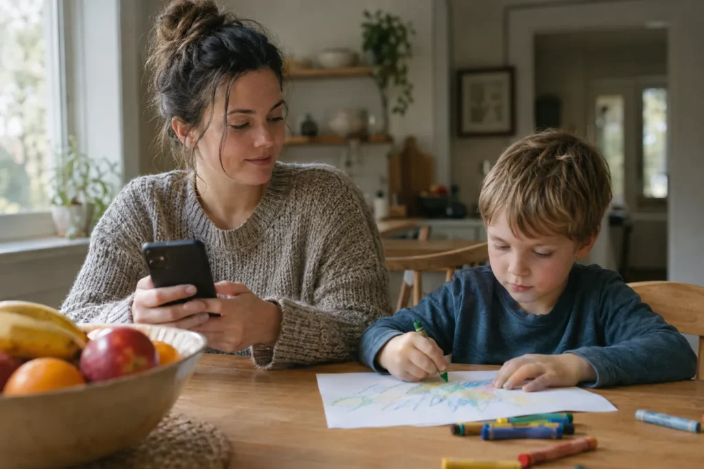 Mother saving phone numbers on her phone at the kitchen table while her young son draws beside her
