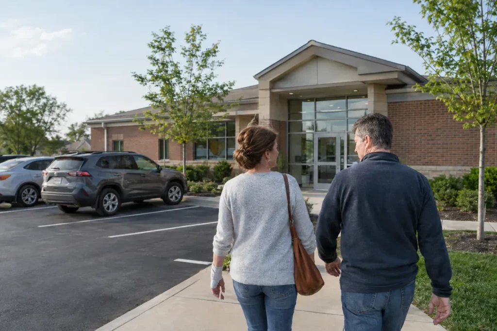 Couple walking toward a small suburban urgent care building on a clear afternoon, her wrist lightly wrapped