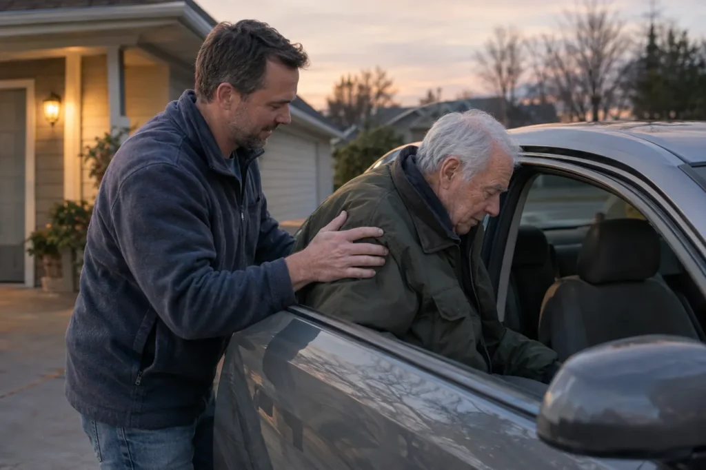 Adult son helping his older father into the passenger seat of a car in the driveway at dusk