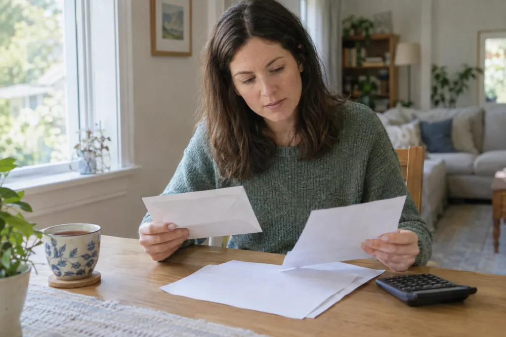 Woman at a dining table comparing medical costs with paperwork and a calculator