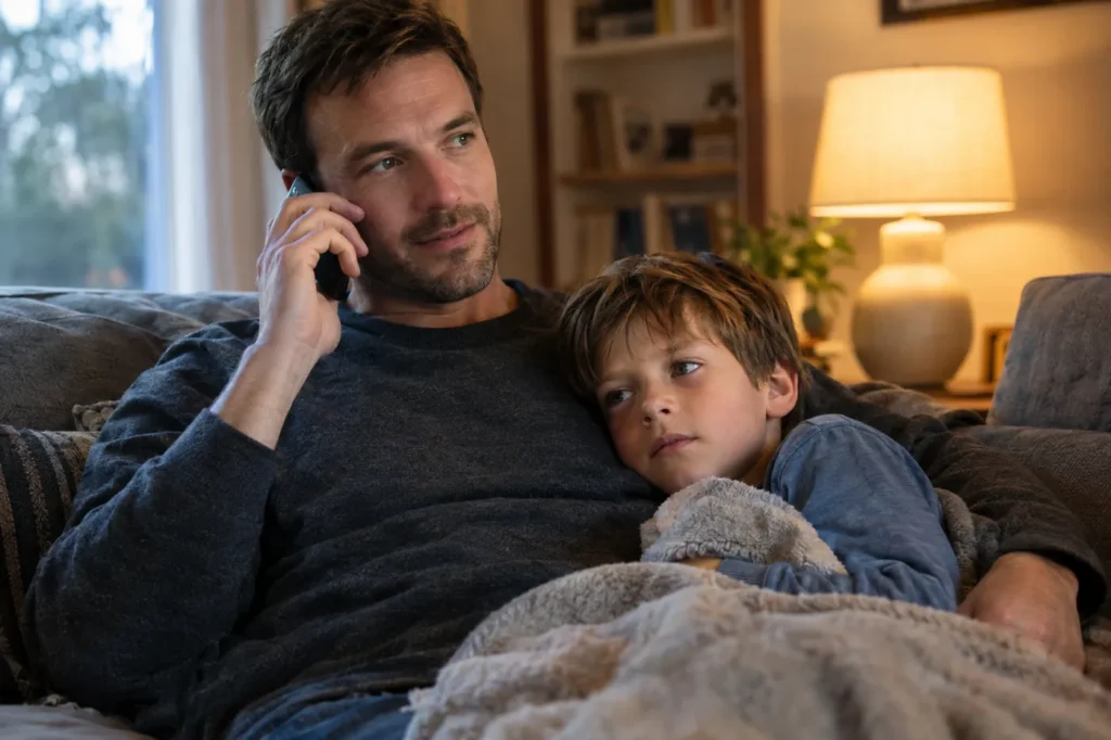 Father on the phone in the evening while his young son rests beside him wrapped in a blanket