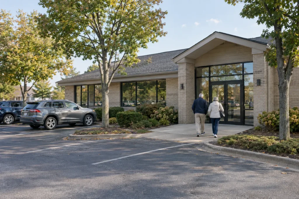 Older couple walking across a parking lot toward a small single-story suburban medical building
