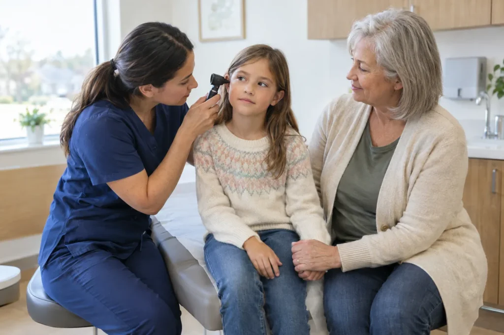 Clinician checking a young girl's ear while her grandmother holds her hand beside the exam table