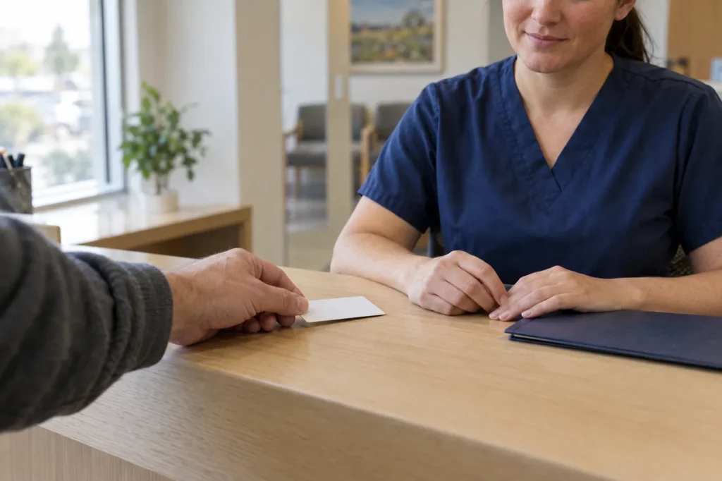 Patient sliding an insurance card across a light oak front desk to a staff member