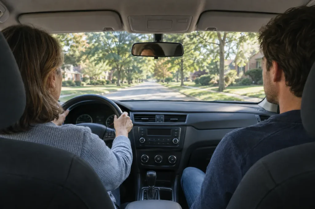 Woman driving her adult son along a tree-lined suburban road on a sunny afternoon