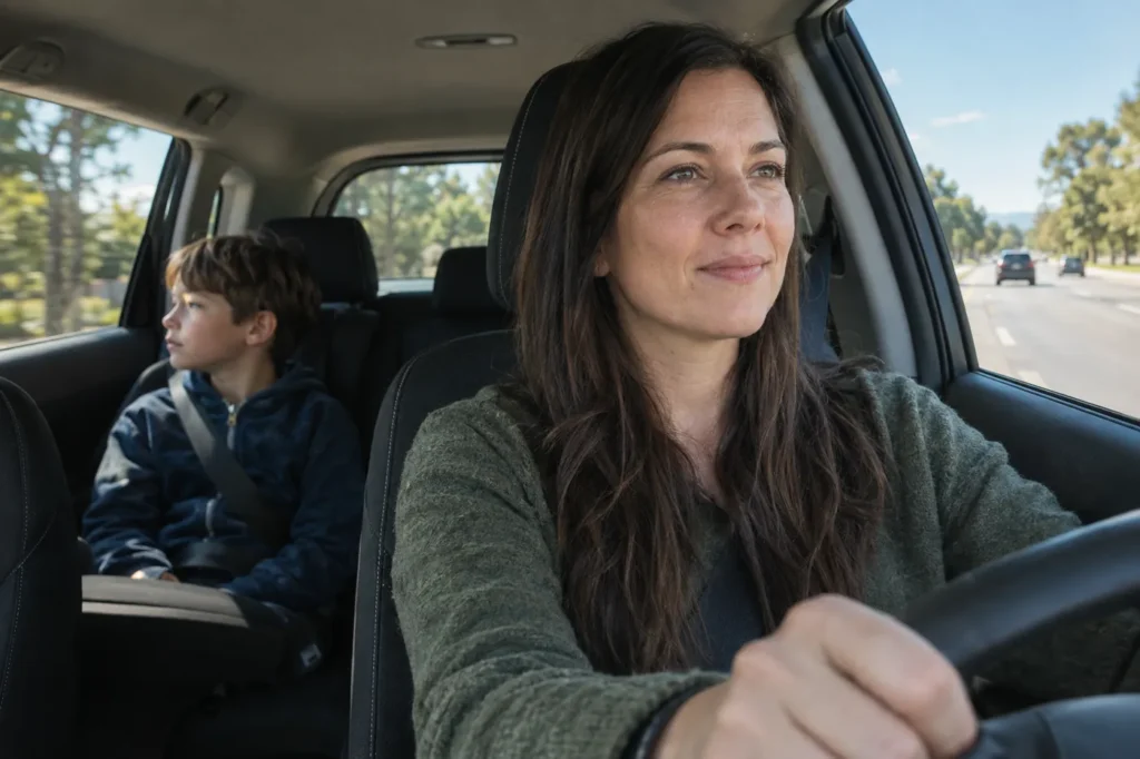 A mother drives her son along a sunny suburban road with light traffic