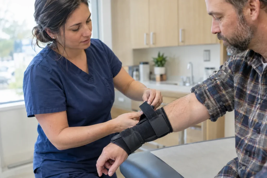 Close-up of a clinician fastening a padded wrist splint on a patient's forearm