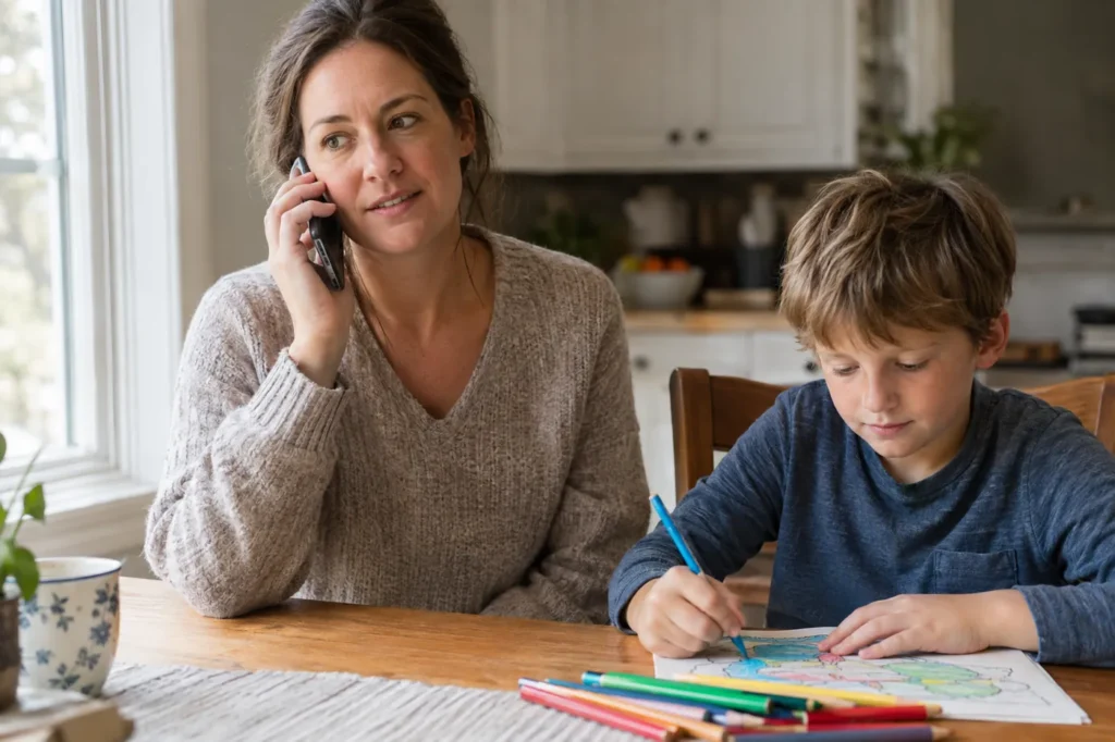 A mother on the phone at the kitchen table while her young son colors beside her