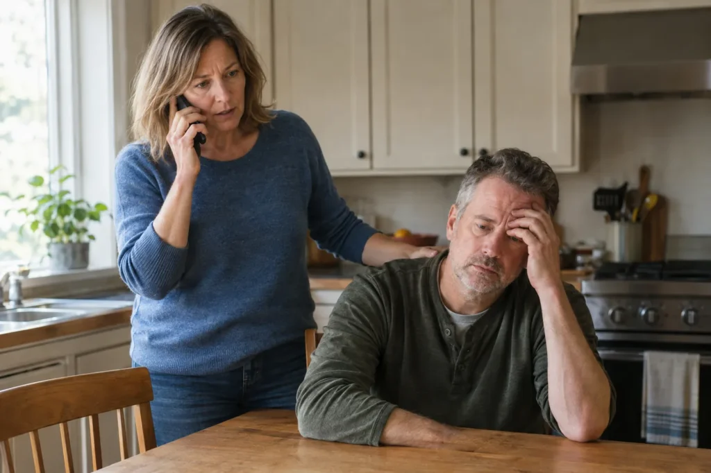 A woman calls for help on her cell phone while her husband sits at the kitchen table