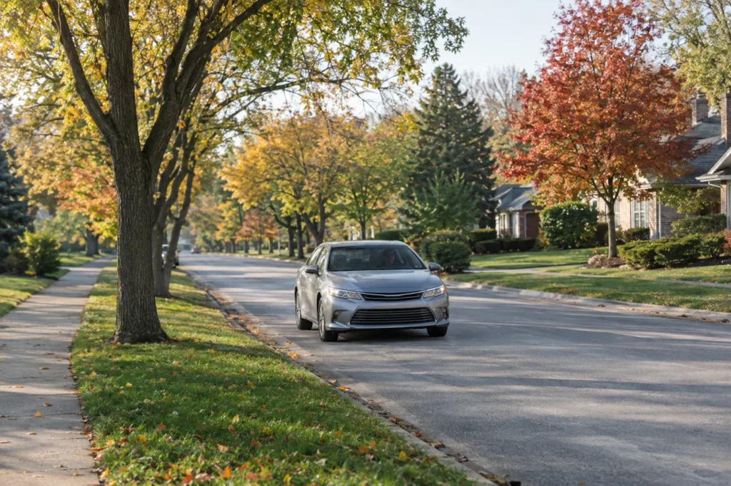 A car drives down a quiet tree-lined suburban road on a bright autumn morning