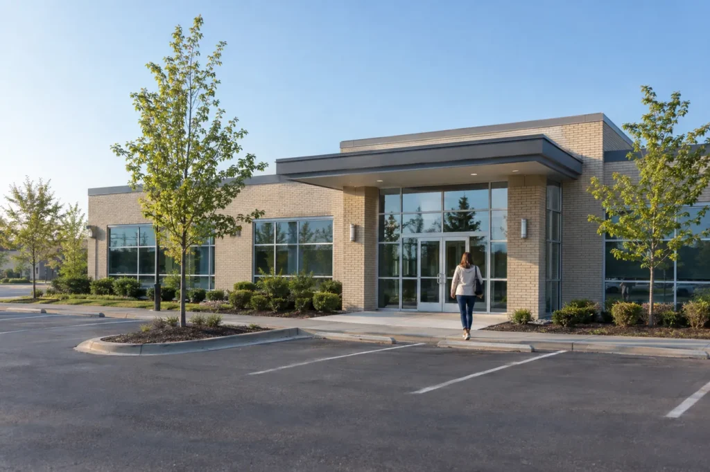 A woman walks toward a small suburban medical building on a quiet Sunday morning
