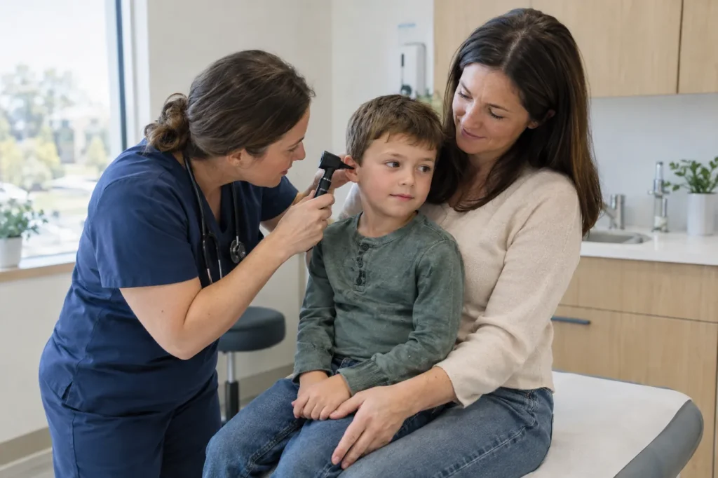 A clinician checks a young boy's ear as he sits on his mother's lap