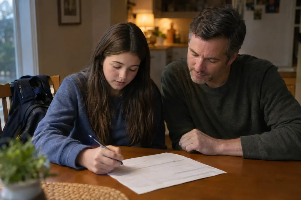 A father and his teenage daughter fill in a school health form at the kitchen table