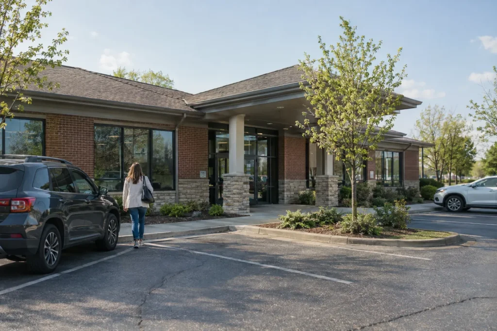 A woman walks from the parking lot toward a small suburban medical building on a sunny day