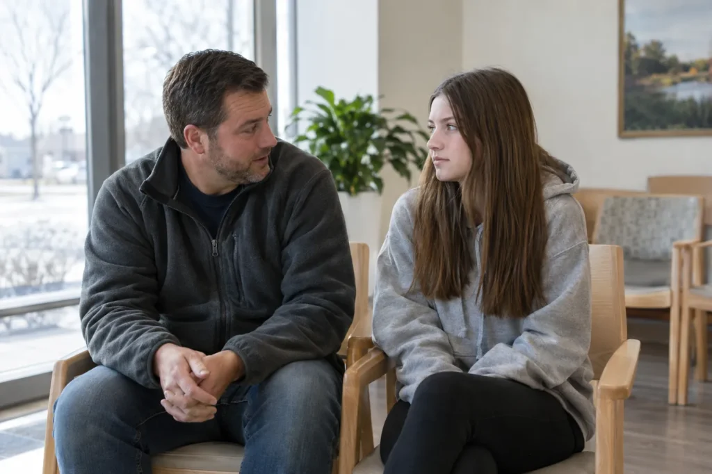 A father and his teenage daughter wait together in a bright clinic waiting area on a weekend morning
