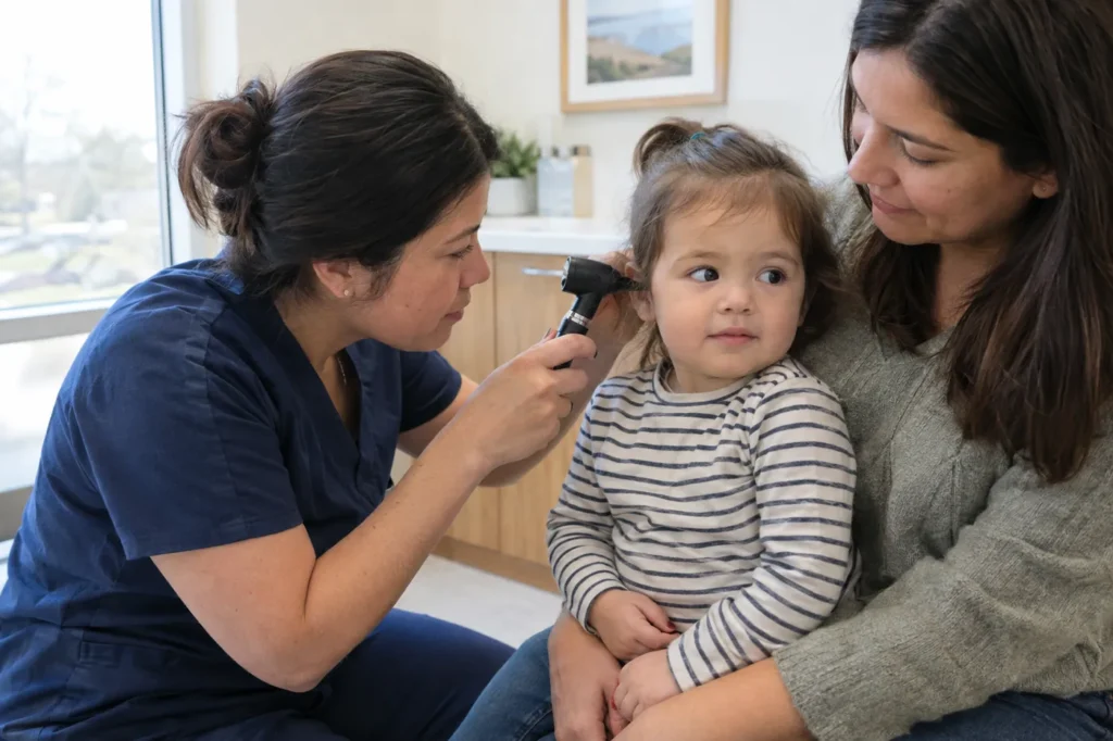 A clinician gently checks a toddler's ear while she sits on her mother's lap