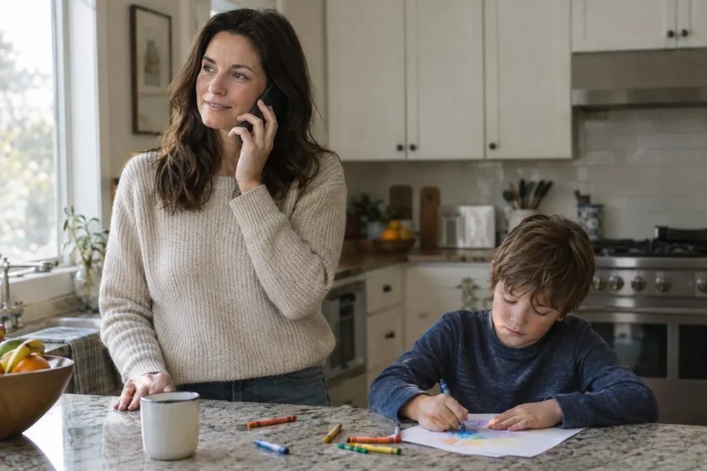 A mother makes a phone call at the kitchen counter while her young son draws beside her