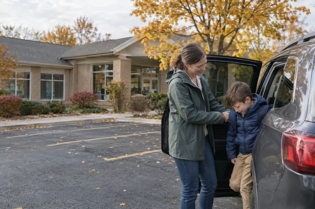 Mother helping her young son out of an SUV in the parking lot of a small suburban medical building