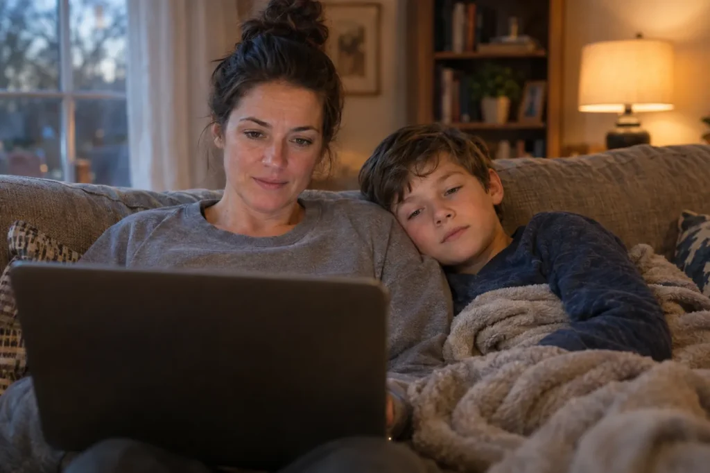 Mother using a laptop on the couch in the evening while her tired son rests under a blanket