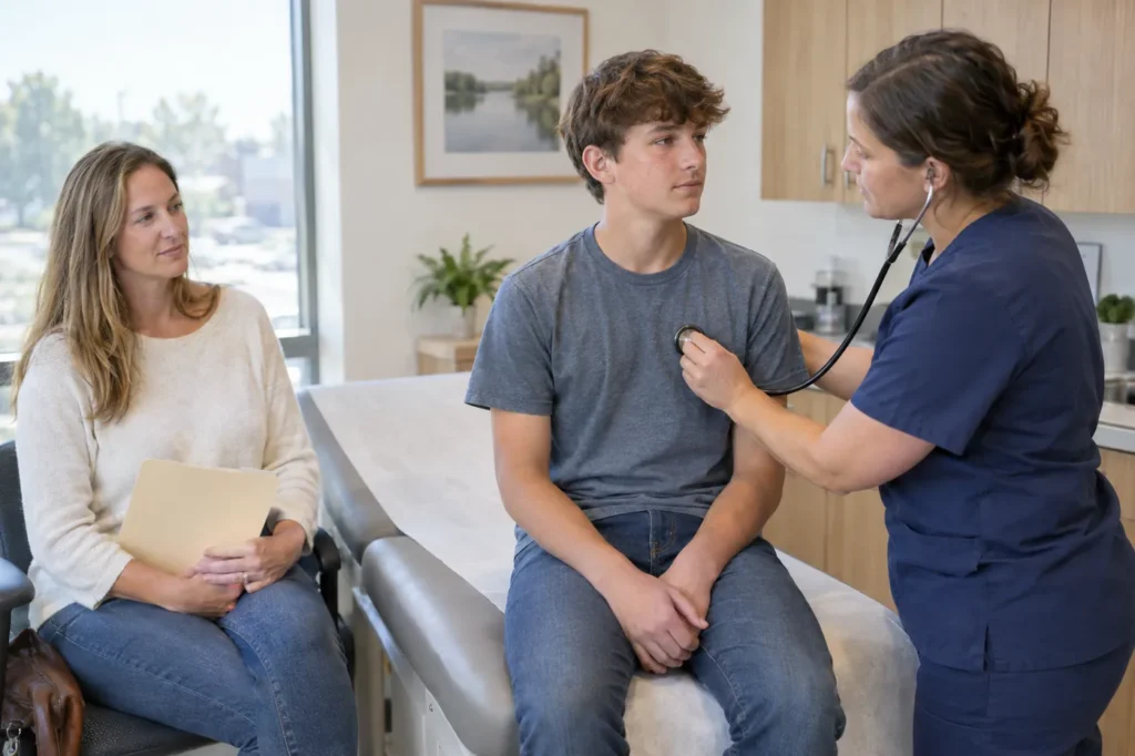 Clinician listening to a teenage boy's chest during a school physical as his mother sits nearby