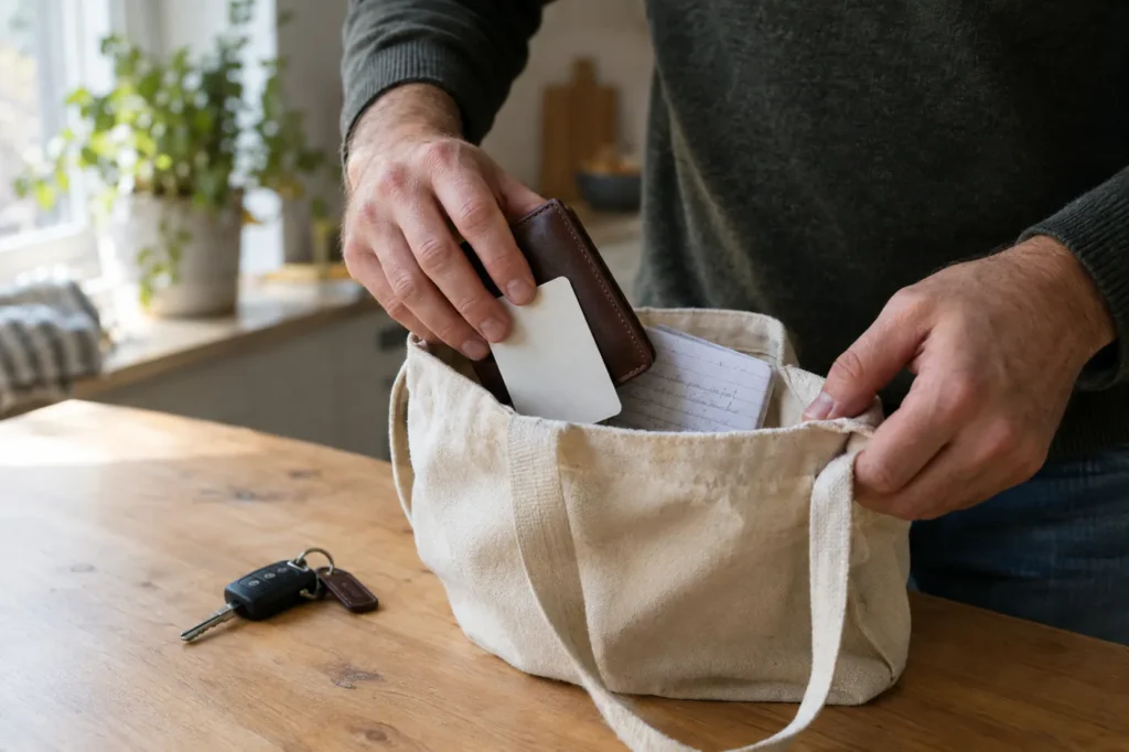 Hands packing a wallet, a card and a folded list into a tote bag on a kitchen counter