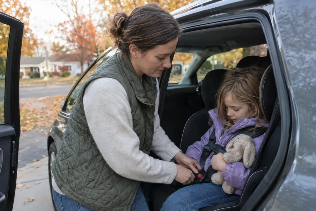 A mother buckles her young daughter into a car seat in a suburban driveway on a fall afternoon