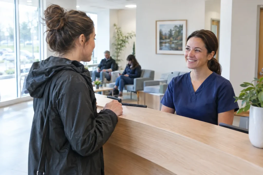 A young woman checks in with a receptionist at a light oak front desk on a weekend morning