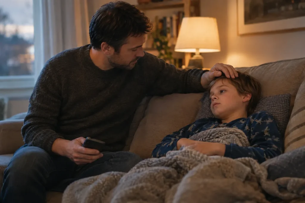 A father feels his son's forehead on the sofa while deciding where to take him