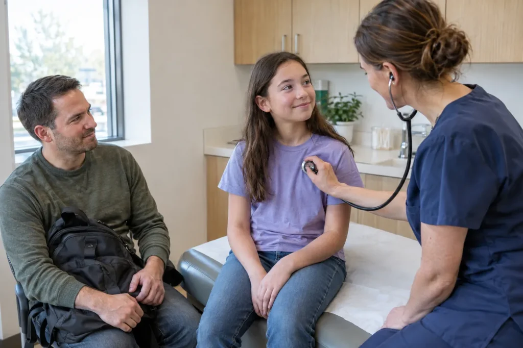 A clinician listens to a girl's breathing with a stethoscope during a school physical as her father waits