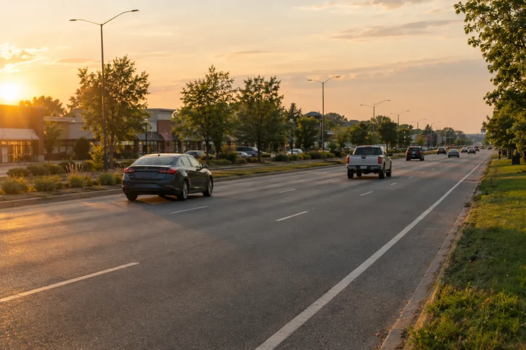 Light traffic on a four-lane suburban highway lined with trees and low shops at golden hour