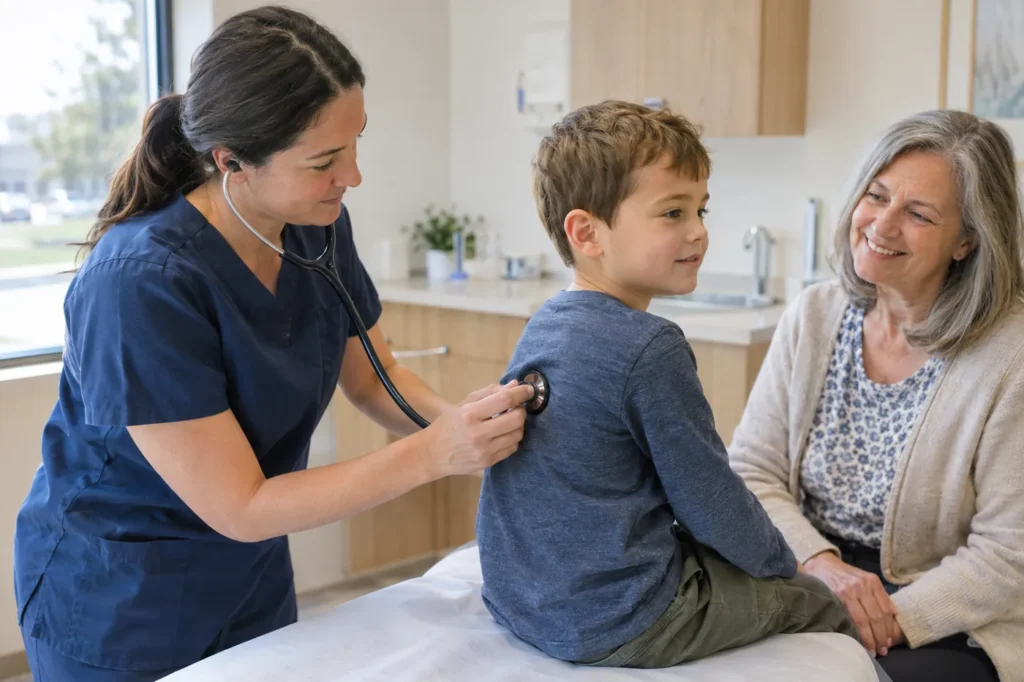 A clinician listens to a young boy's breathing over his shirt as his grandmother sits beside him