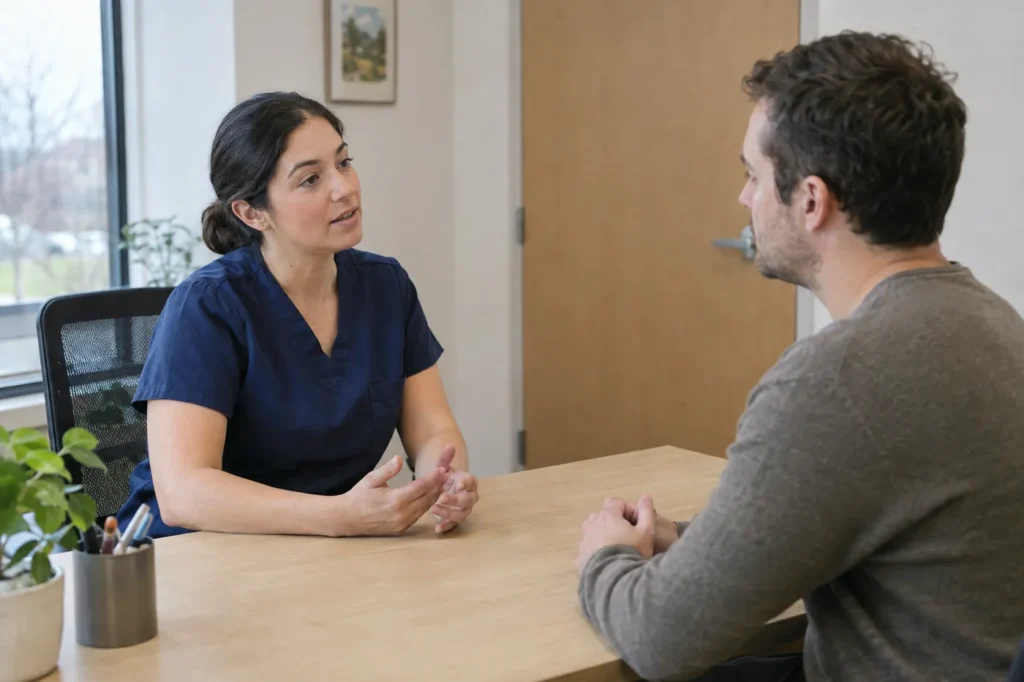 A clinician talks privately with an adult patient across a desk in a quiet consultation room