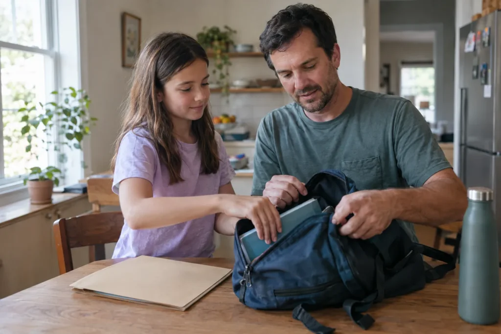 A father and his daughter pack a school backpack at the kitchen table beside a folder of records