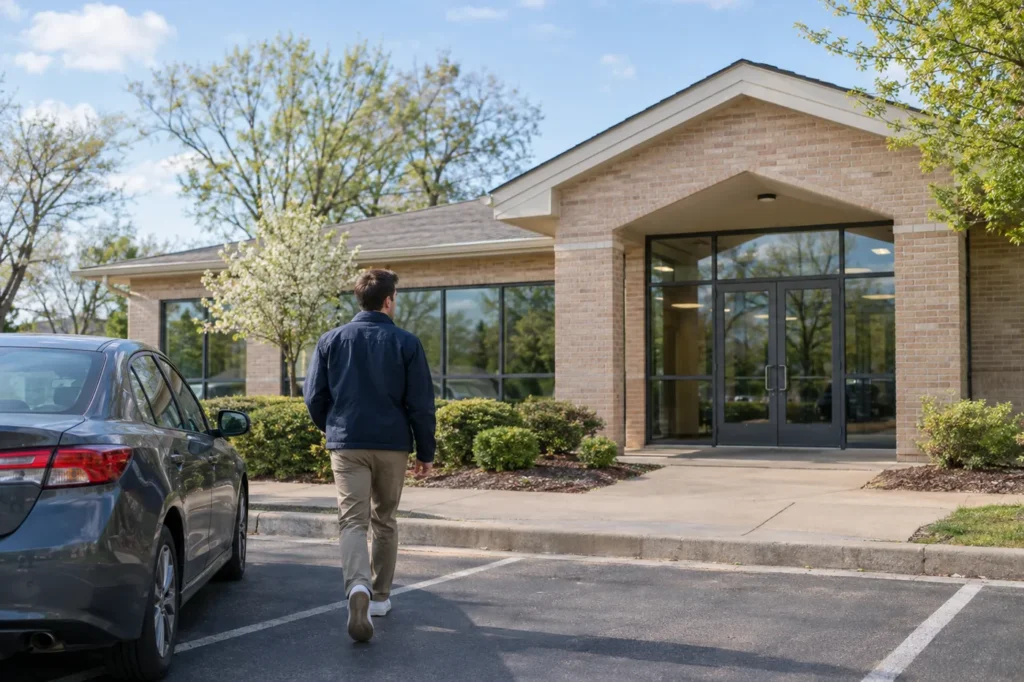 Young man walking from his car toward the entrance of a small suburban medical building