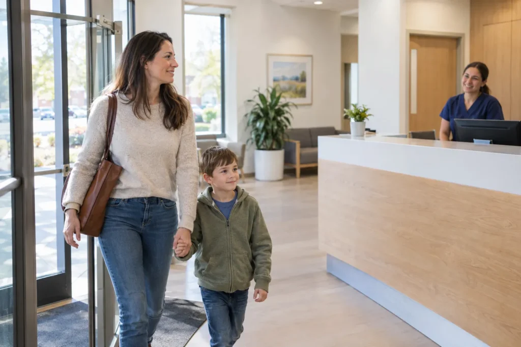 Mother and young son walking through the front doors into a bright urgent care lobby