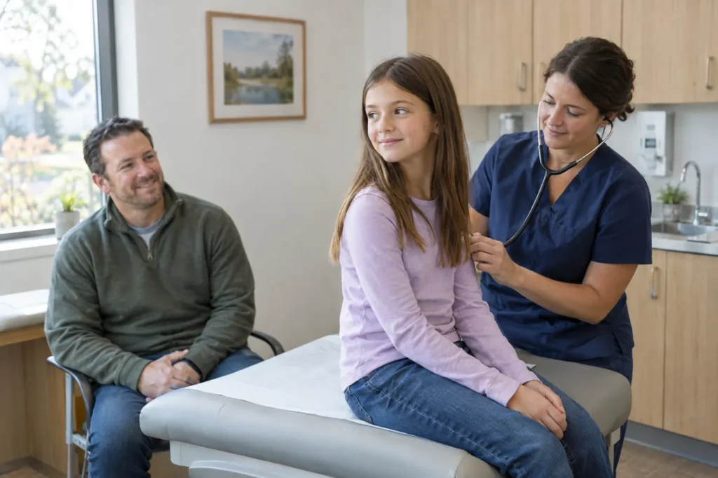 Clinician listening to a girl's back with a stethoscope during a school physical as her father watches