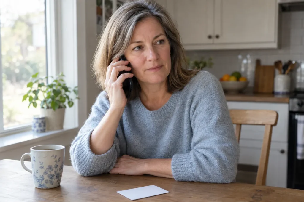 Woman at her kitchen table on the phone with an insurance card face down beside her coffee