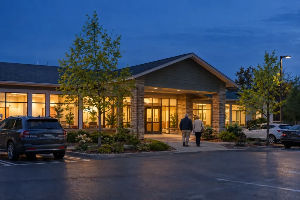 An older couple walks toward a small suburban medical building with glowing windows at dusk