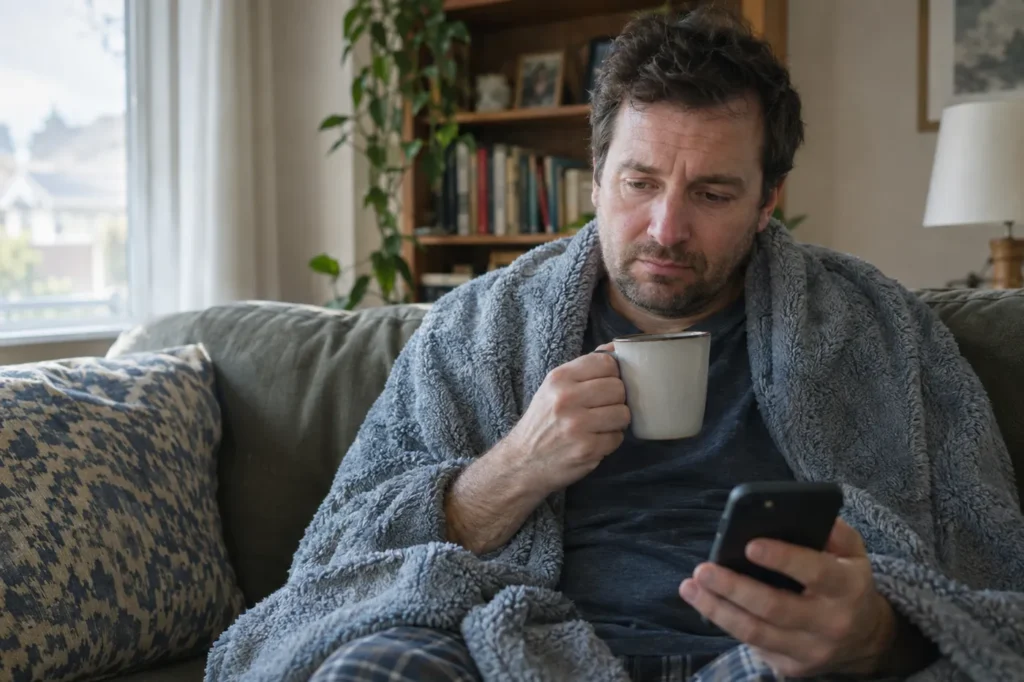 A man who feels unwell rests on his sofa with a mug of tea and his phone