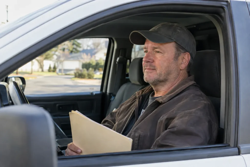 A commercial driver sits in his pickup truck cab holding a folder before his physical