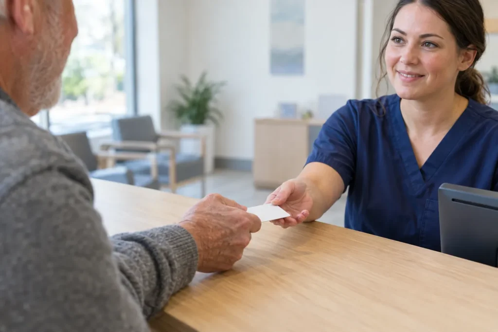 Close-up of an older man handing a card across a light oak front desk to a receptionist