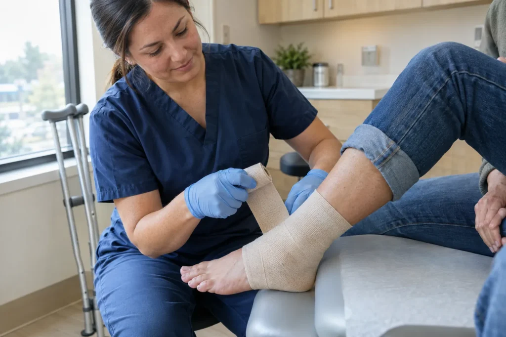 Close-up of a clinician wrapping an elastic bandage around a patient's ankle
